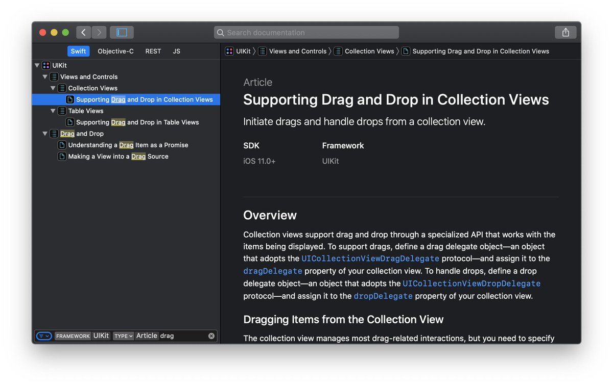 Screenshot of the Xcode documentation window with a filter applied in the navigator.