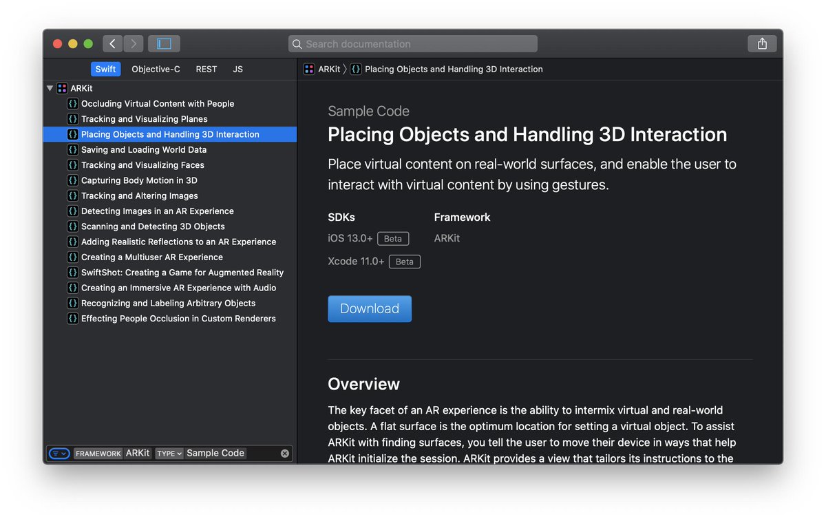 Screenshot of the Xcode documentation window with a filter applied in the navigator.