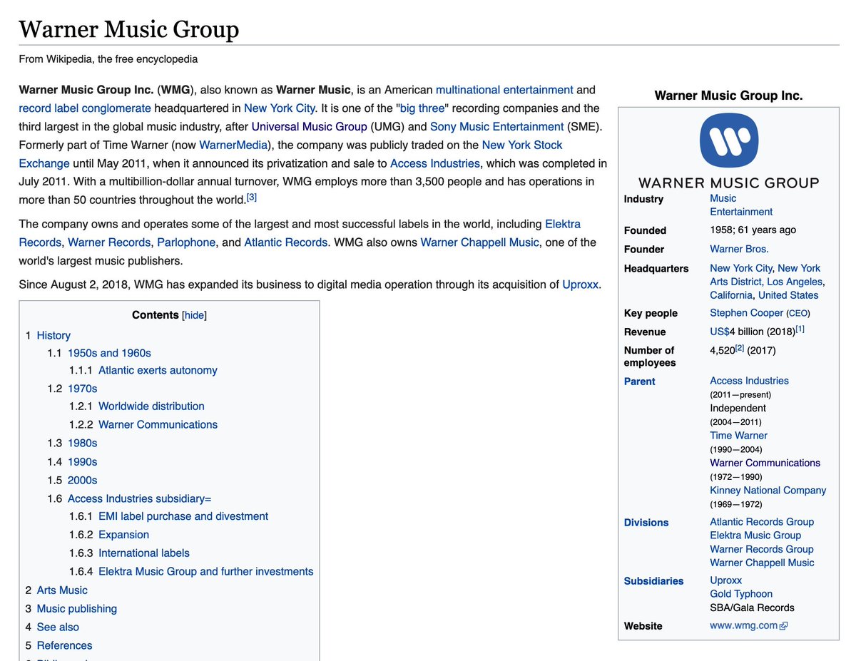 Warner Communications:3 DivisionsWarner Bros. PicturesWarner Music Group - Len Blavatnik [timing?]Warner Cable | Dimension PicturesAccess Industries https://en.wikipedia.org/wiki/Warner_Music_Group https://en.wikipedia.org/wiki/Warner_Communications