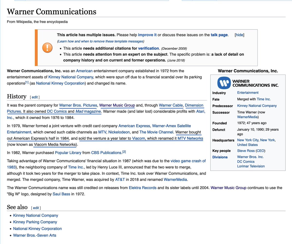 Warner Communications:3 DivisionsWarner Bros. PicturesWarner Music Group - Len Blavatnik [timing?]Warner Cable | Dimension PicturesAccess Industries https://en.wikipedia.org/wiki/Warner_Music_Group https://en.wikipedia.org/wiki/Warner_Communications