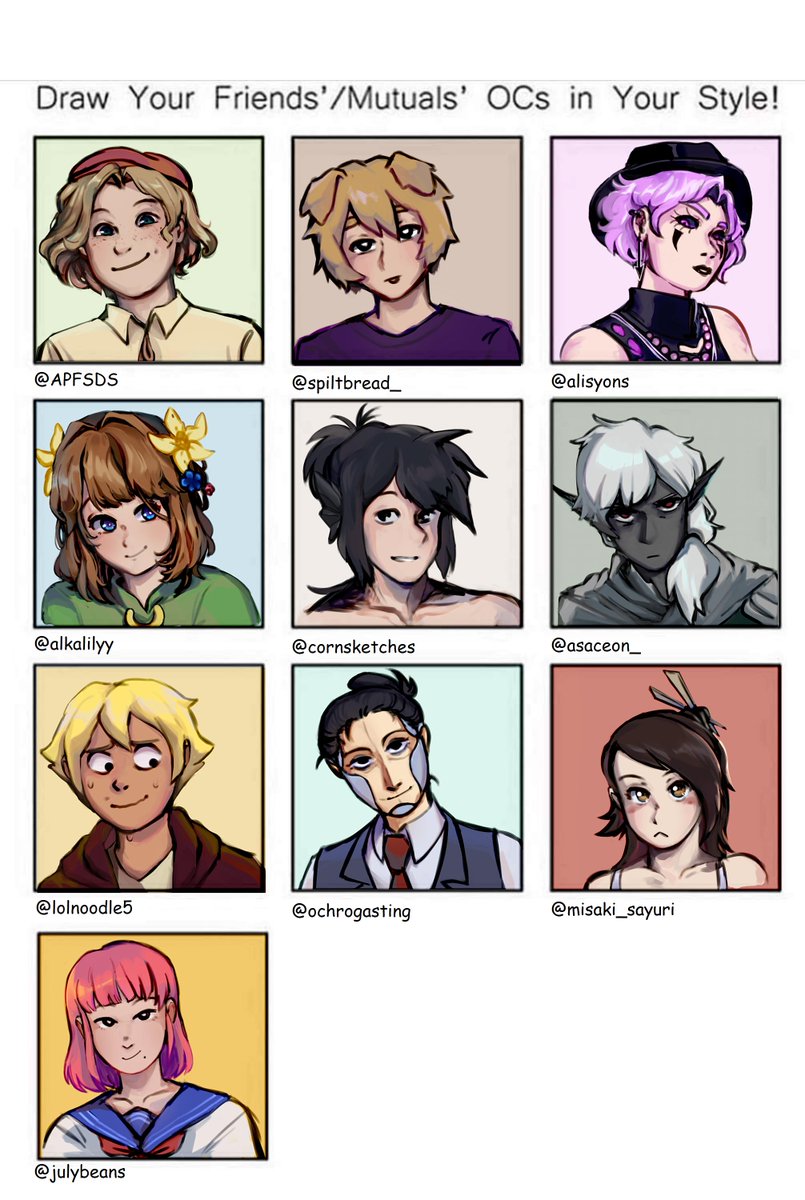 I have done it!! Thanks y'all for your beautiful ocs they are precious and loved

in order:
@APFSDS_DS @spiltbread_ @alisyons_ @alkalilyy @cornsketches @asaceon @Lolnoodle5 @ochrogasting @misakii_sayurii  @julybeans_ 

(in the picture, everyone's instagram handles are added) 