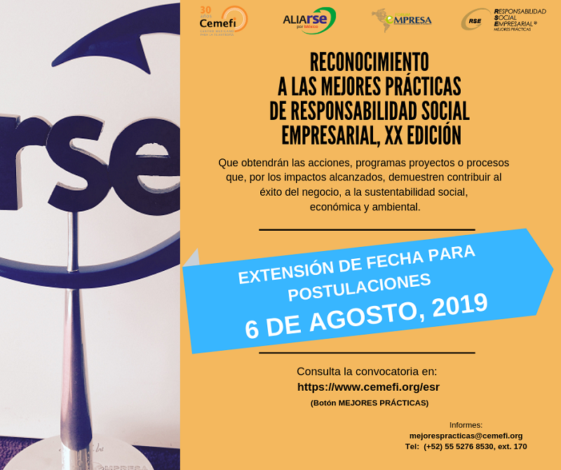 Cemefi's tweet photo. RT @Cemefi_RSE: El Cemefi informa que se extiende la fecha límite de inscripciones del Reconocimiento a las Mejores Prácticas de Responsabilidad Social Empresarial al 06 de agosto de 2019. Info: https://t.co/tqsOygm2K5 #RSE #ESR #MejoresPracticasRSE https://t.co/kIIz0VQkST