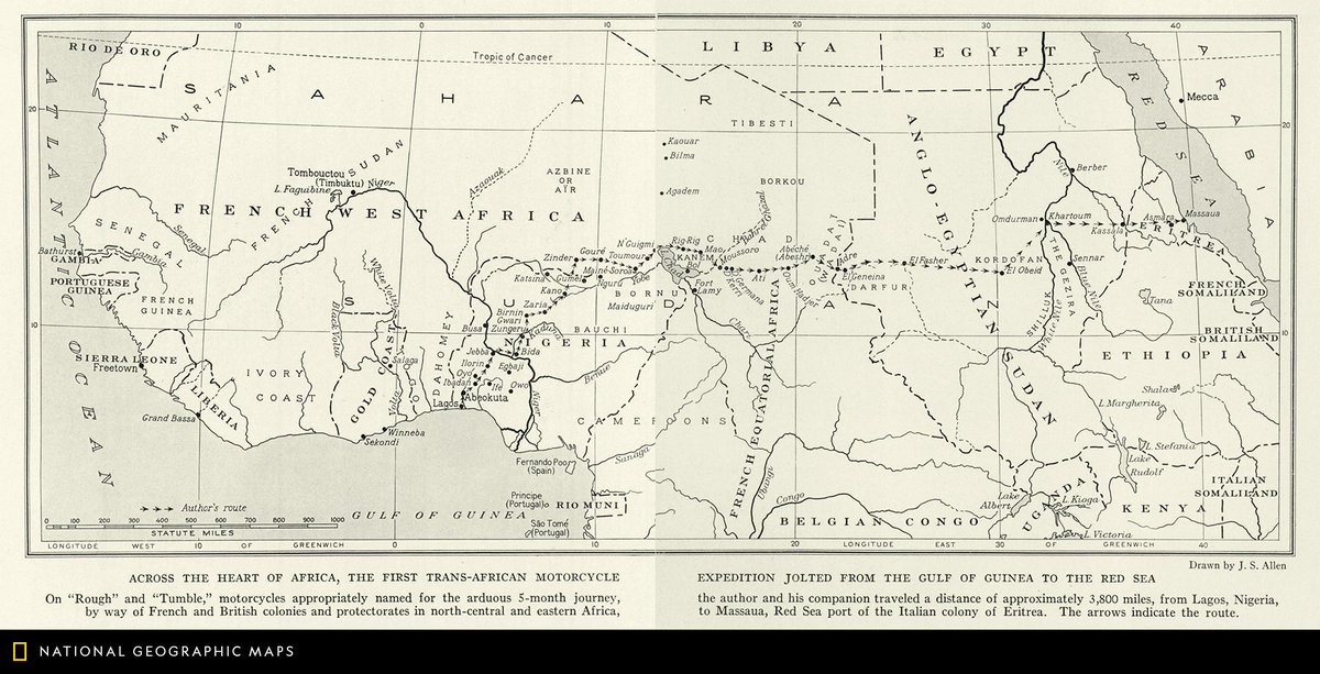 NatGeoMaps's tweet photo. Map of the Day: This map shows the route of a motorcycle expedition featured in the January 1934 issue of National Geographic. The expedition took 5 months, totaling around 3,800 miles through the middle of the African continent. #MapOTD https://t.co/M5ZfQNYhvB