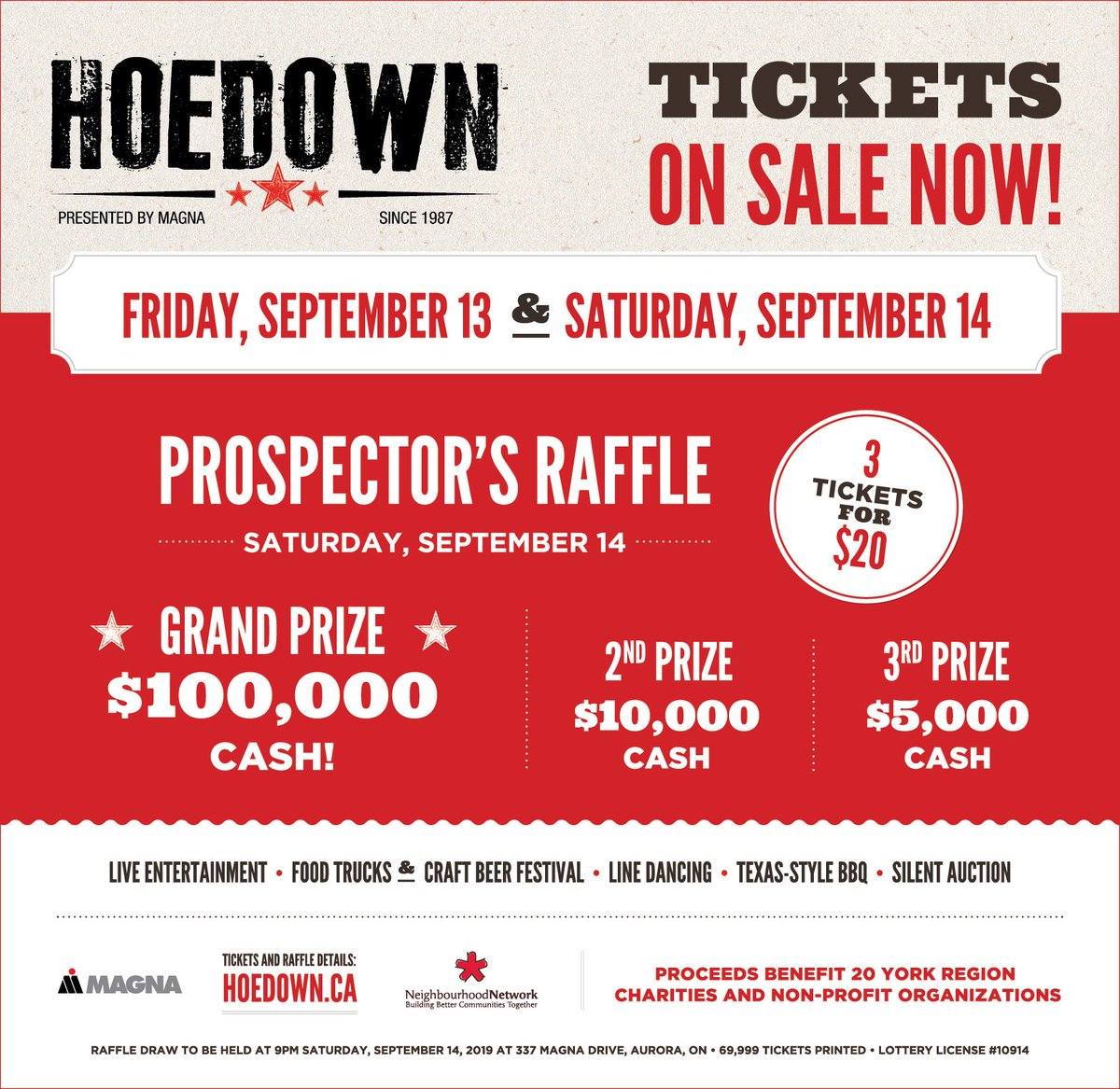 MagnaHoedown's tweet photo. RAFFLE RAFFLE RAFFLE! Don't miss out on your chance to win $100,000! Get your tickets now! Lottery License #10914 #Hoedown #raffle #grandprize https://t.co/xTVX256pjX