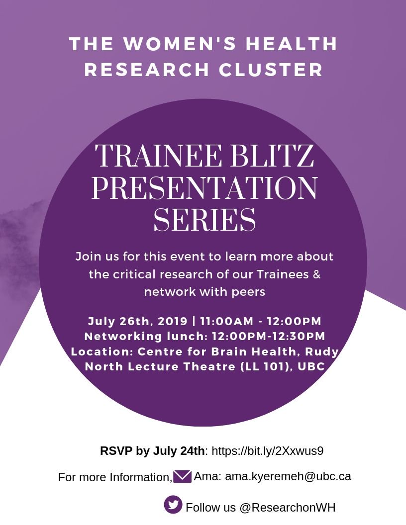ResearchonWH's tweet image. We are looking forward to our Trainee Blitz Presentations this Friday! @ubcspph PhD student &amp;amp; #VanierScholar Elizabeth Nethery(@e_nethery) is one of our fantastic speakers! She will talk about #contraceptiveuse among low-income Female Youths in Canada
RSVP:bit.ly/2Xxwus9
