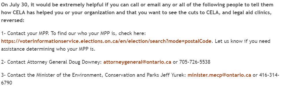 On July 30, please join @CanEnvLawAssn and Ontario's #LegalAid clinics in a Day of Action calling for the reversal of cuts to legal aid. 

Here's 3 things you can do on July 30: cela.ca/blog/2019-07-2… 

#Justice4All #A2J #Environment #Climate #Health #Justice