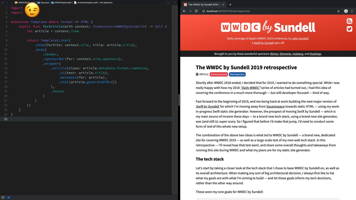 Just hit a huge milestone in the development of my static site generator! 😀

What you're looking at is the first ever article to be 100% generated using my new set of tools - from the Markdown parsing, to the templating, to the HTML generation - all done completely in Swift! 🎉