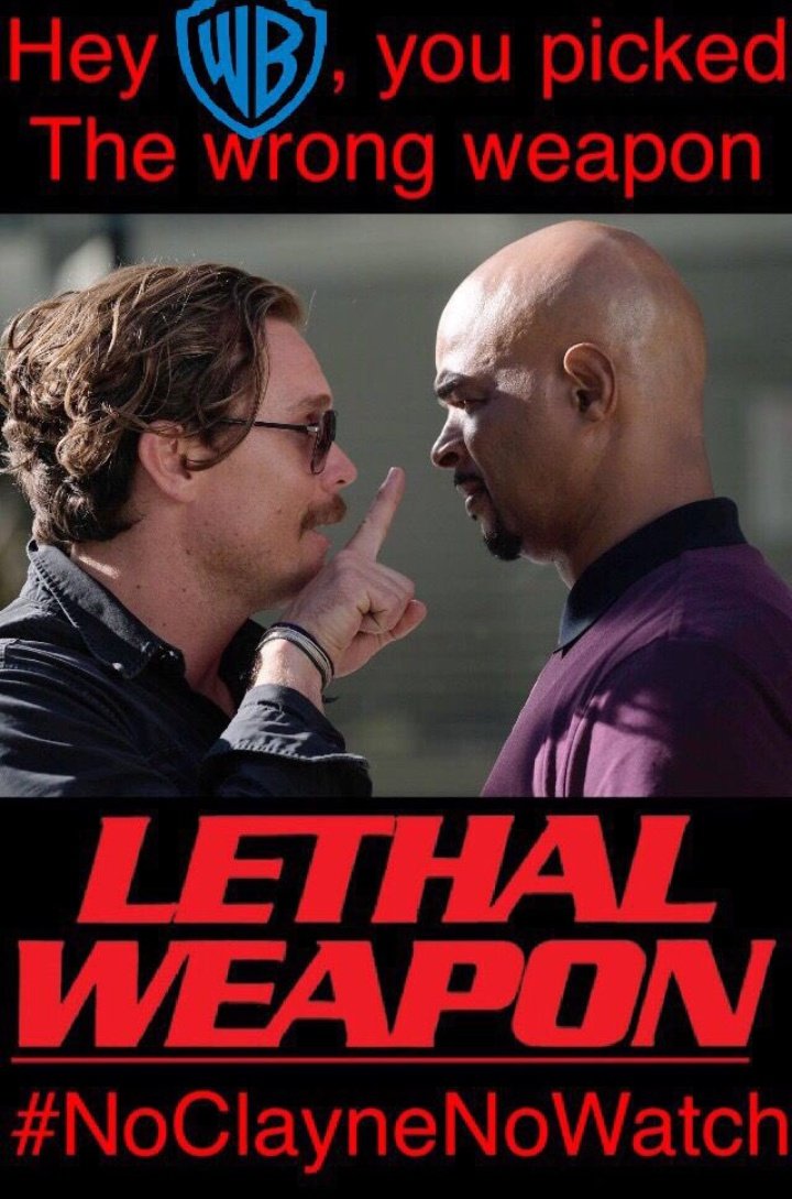 MirandaJMcGuire's tweet image. Don't watch @ITV this friday 26th July 9pm  find #LoveIsland or MrsBrownsBoys or ANYTHING ELSE etc #ITVfail #BoycottLethalWeapon #NoClayneNOwatch 
Riggs is dead CC will NOT be in LW S3 get word out its not a cliffhanger he NOT coming back