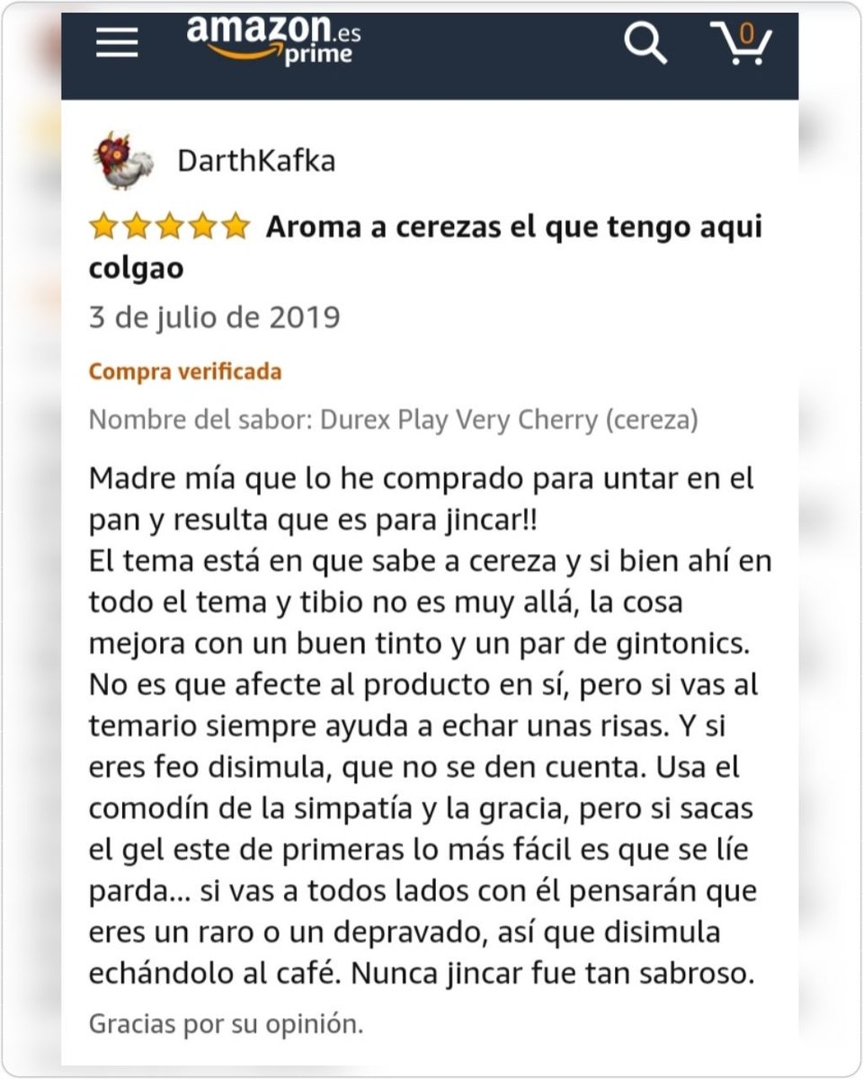 DarthKafka's tweet photo. Pues hoy he comprado un mejunje de esos que se usan para darse sebo en el cancán. Lubricante sabor cereza. Con lo bueno que está un día de estos me parto el espinazo intentado chup... ejem...
#LoPutoAmazon https://t.co/hGjHlSF57c