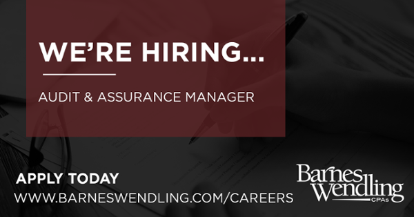 BarnesWendling's tweet photo. Looking to grow yourself professionally and build your skills? Barnes Wendling is the choice for you! Now Hiring: Audit and Assurance Manager https://t.co/8Qas9hxIp1 #BWorkHardPlayHard #BWorkPlace #NowHiring #Careers #JobPosting #Accounting #CPA https://t.co/S63cG4qNE5