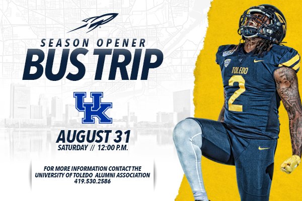 ToledoRockets's tweet photo. Want to cheer on @ToledoFB at Kroger Field in Kentucky? @UToledoAlumni has you covered! Take a bus trip down to Lexington for the Rockets opening game against the Wildcats.

Register here: https://t.co/2tZEAQk4aH https://t.co/NRneixCwbh