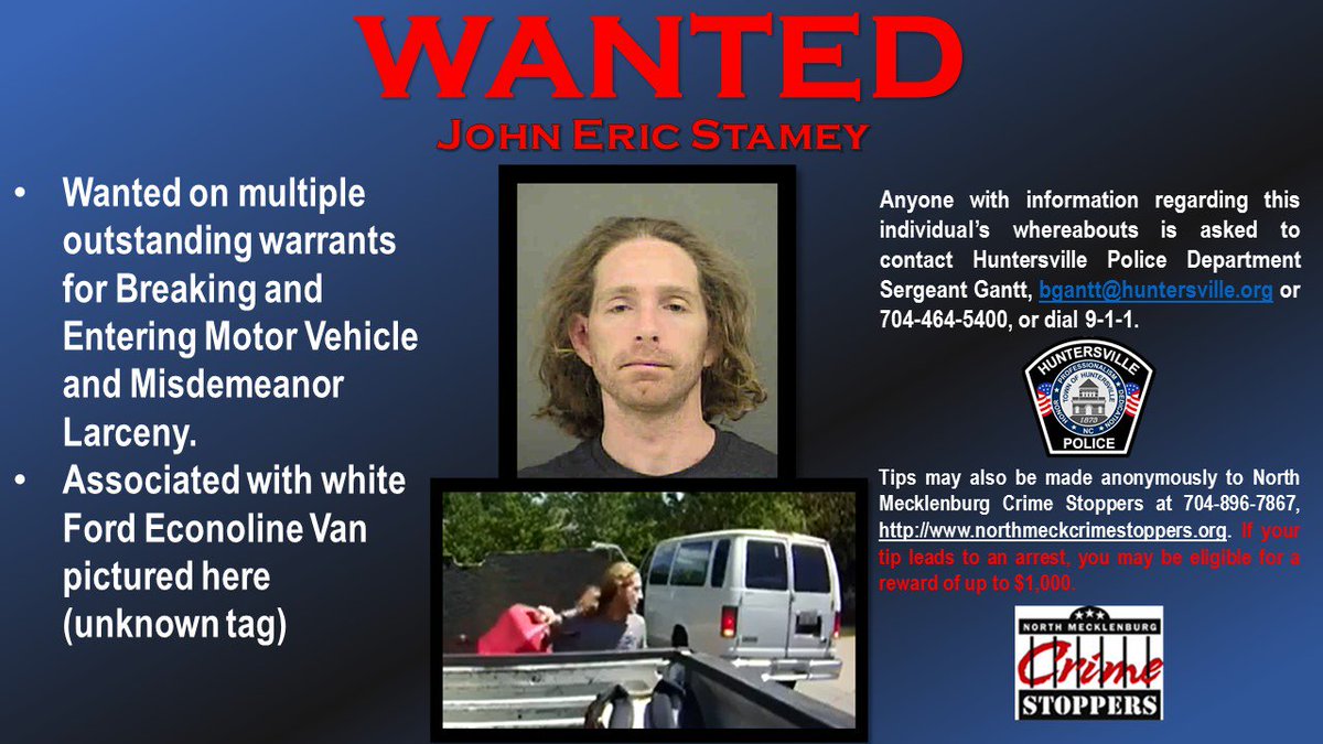 HuntersvillePD's tweet photo. WANTED! John Stamey is wanted by HPD and Iredell Co. S.O. on multiple outstanding warrants.  If you know where he is, please contact us or dial 9-1-1.  #WeSeeYou #EyesForDays #StickyFingers #ThatsNotYours #Wanted #CrimeStoppers #CashForTips #EasyMoney #HuntersvillePD https://t.co/OO3nZpWSKy