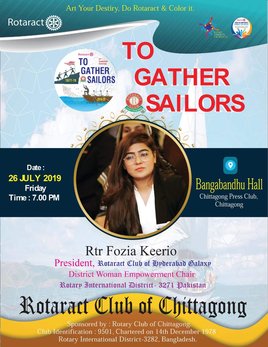 DrFoziakeerio's tweet photo. President of Rotaract Club of Hyderabad Galaxy RID 3271 Pakistan, wish very best of luck for to gether sailors 41th Club installation Ceremony of Rotaract Club of Chitagong District 3282 Bangladesh.
#RotaryConnectWorld
#RotaractCreateImpact
#RotaractPower
#RotaryInternational https://t.co/9v3Z3eQnRD