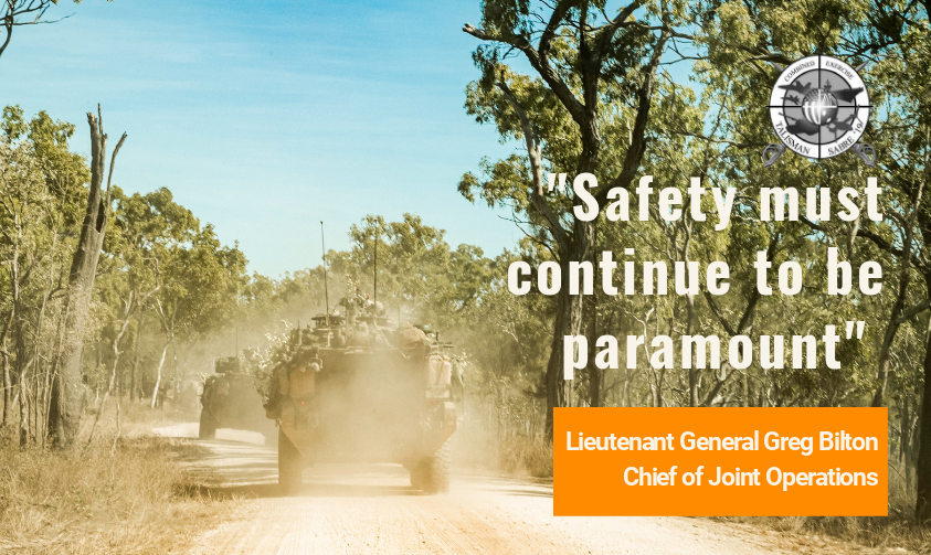 TalismanSabre's tweet photo. "Safety must continue to be paramount" – Lieutenant General Greg Bilton #YourADF Chief of Joint Operations.

As #TalismanSabre #TS19 draws to a close, a reminder to remain focused on safety. Take care on the roads &amp; while travelling, so we can all return home safely to loved ones https://t.co/oWIBGeRFXk
