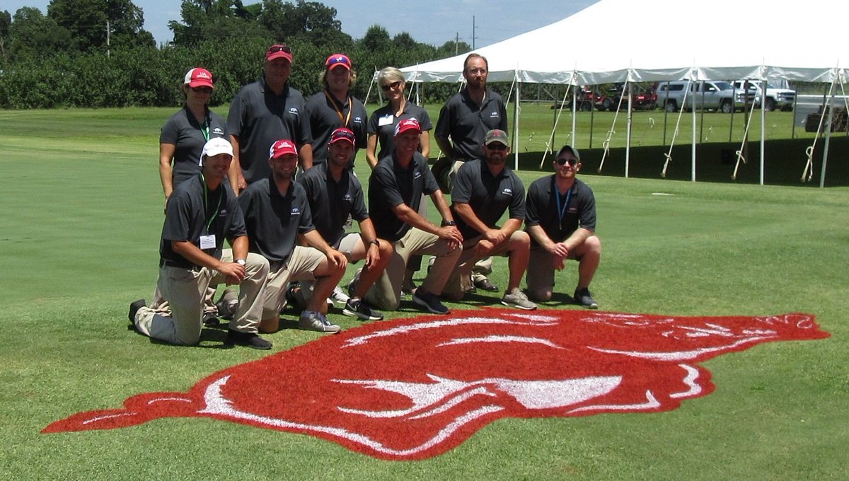 ArkansasTurf's tweet photo. proud of the incredibly hard work put in by our team to pull off #uaturf2019 - great weather and great support by the industry!! @BertucciUARK was still teaching when we took this photo...sorry Matt!! https://t.co/GmhaeAJLxM