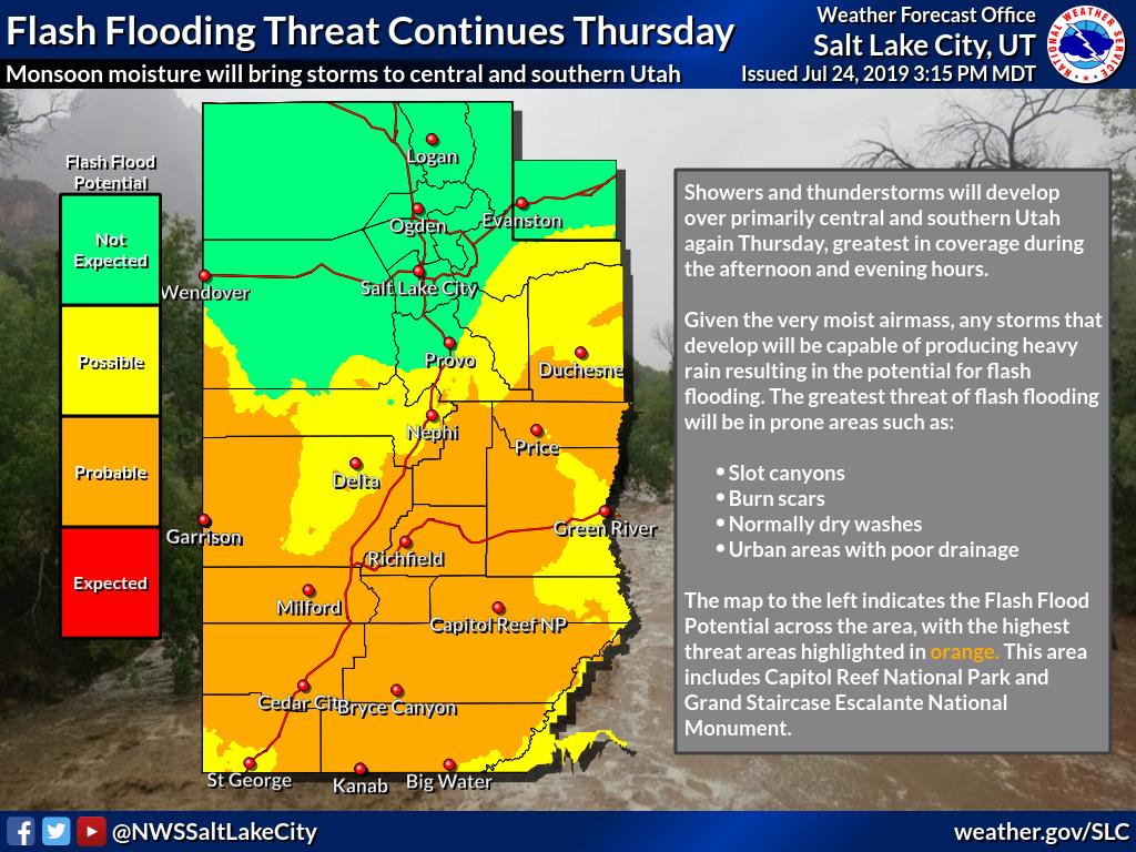 As showers and thunderstorms develop over central and southern Utah today, a reminder that monsoon moisture will stick around through the work week. Here's more details about what to expect on Thursday. #utwx