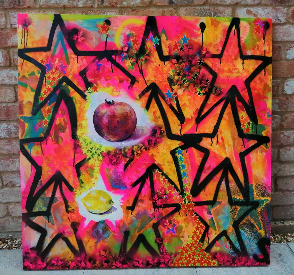 Sean_Worrall's tweet photo. "The Hackney Wick Pomegranate" (July 2019), Acrylic, spray paint, brushwork, gloss varnish on canvas, 100x100cm. The ongoing matter of #EastLondon fruit, a painting concluded in time for #HackneyWickEd and a show the Trampery on Fish Island this Friday evening #HackneyWick #Art https://t.co/JlYlGoVVmK