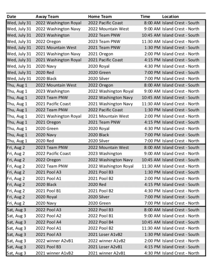 Schedule for the 5th Annual PNW Games has been released! Can also follow on game changer and our website. Rosters will be set and sent out by this weekend #PNWgames