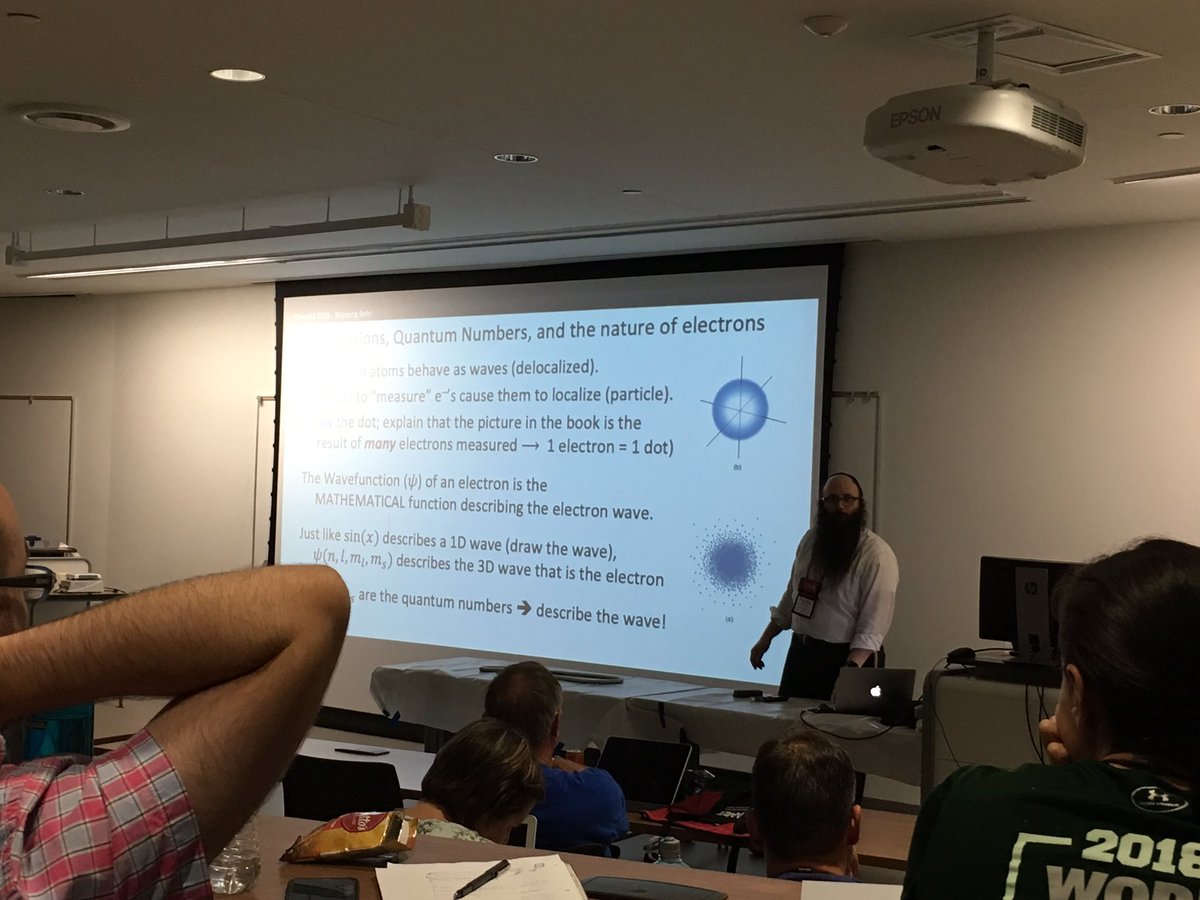 Amazing talk by Binyomin Abrams at <a href="/ChemEd2019/">ChemEd2019</a>: Of Bohr, Schrodinger, Heisenberg: “if an electron is a grapefruit and measurement is a sledge hammer, these guys walked into a room full of grapefruit carcasses and figured out what a grapefruit was!” #ChemEd #Chemistry #Education