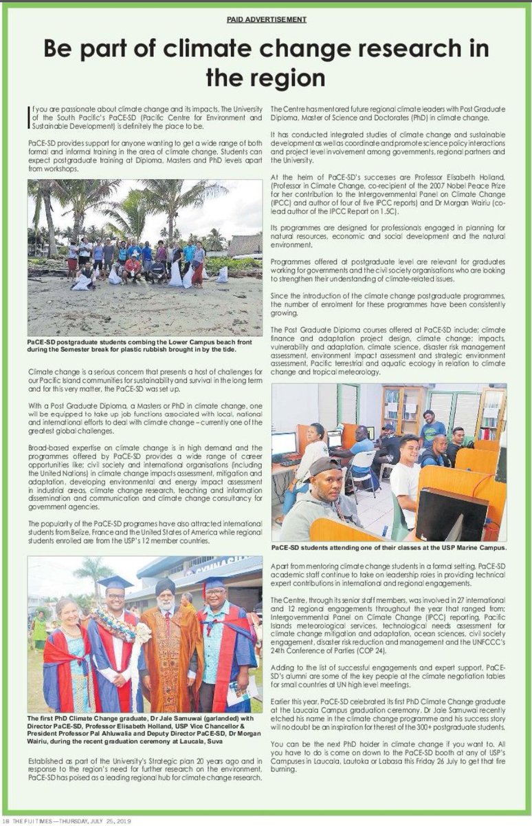 pace_sd's tweet photo. #PACESD getting some visibility in today's #FijiTimes @fijitimes on the eve of #USPOpenDay & we're grateful for all the support in raising climate change awareness! @UniSouthPacific is your university for #climatechange studies & research! @USPresearch @pal_vcp @ElisabethHoll17 https://t.co/A0Gs7Q3uhO