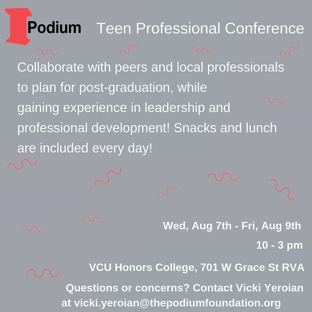 Hey teens, time is running out!! Remember to register for the Teen Professional before August 6th! This will be an event that you won't want to miss. Open to all Richmond teens, ages 15-19. See you there!

#PodiumRVA