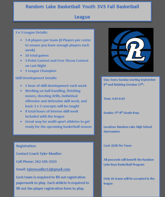 TylerMueller42's tweet photo. 3 v 3 Youth Basketball League Now Forming. Random Lake High School will be hosting our first 3 v 3 fall league starting in September. This is a great skill opportunity for the area youth to get ready for the upcoming season. #3v3 #SkillDevelopment #WisconsinHoops https://t.co/gerQsQtOg6