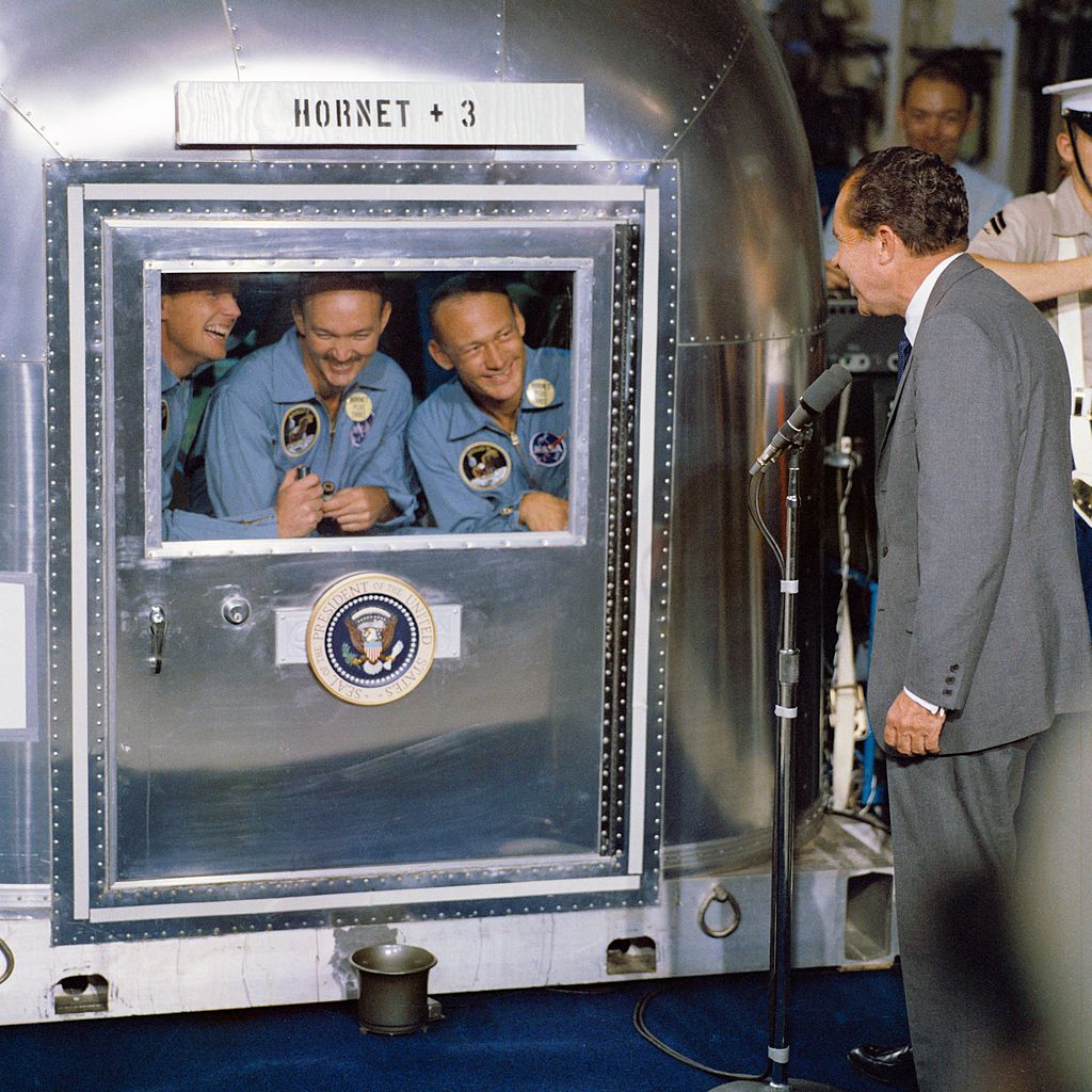 venturefirstHQ's tweet photo. In celebration of those who venture first into the unknown, pictured here is the crew of NASA's first ever manned mission to the lunar surface 50 years ago today. #apollo11 #nasa https://t.co/c4QAqgum00