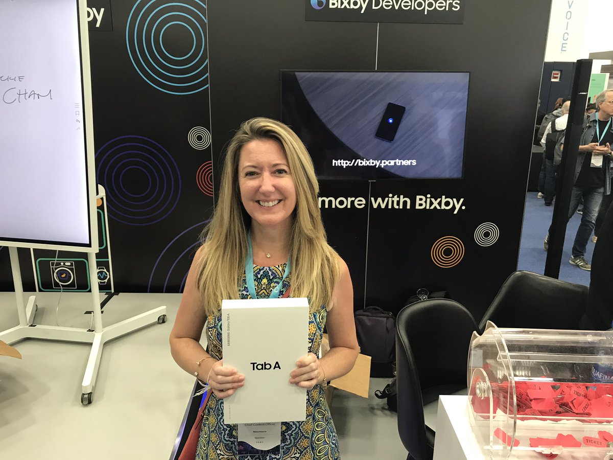 SarahAndrewWils's tweet photo. Had a great time at the #SamsungBixby booth at the #VOICE19 Summit! I won a tablet in the raffle!

(Super excited to use this as a Samsung Premier Developer too!)

@VoiceSummitAI #SamsungDevs https://t.co/LxPVlBojTp