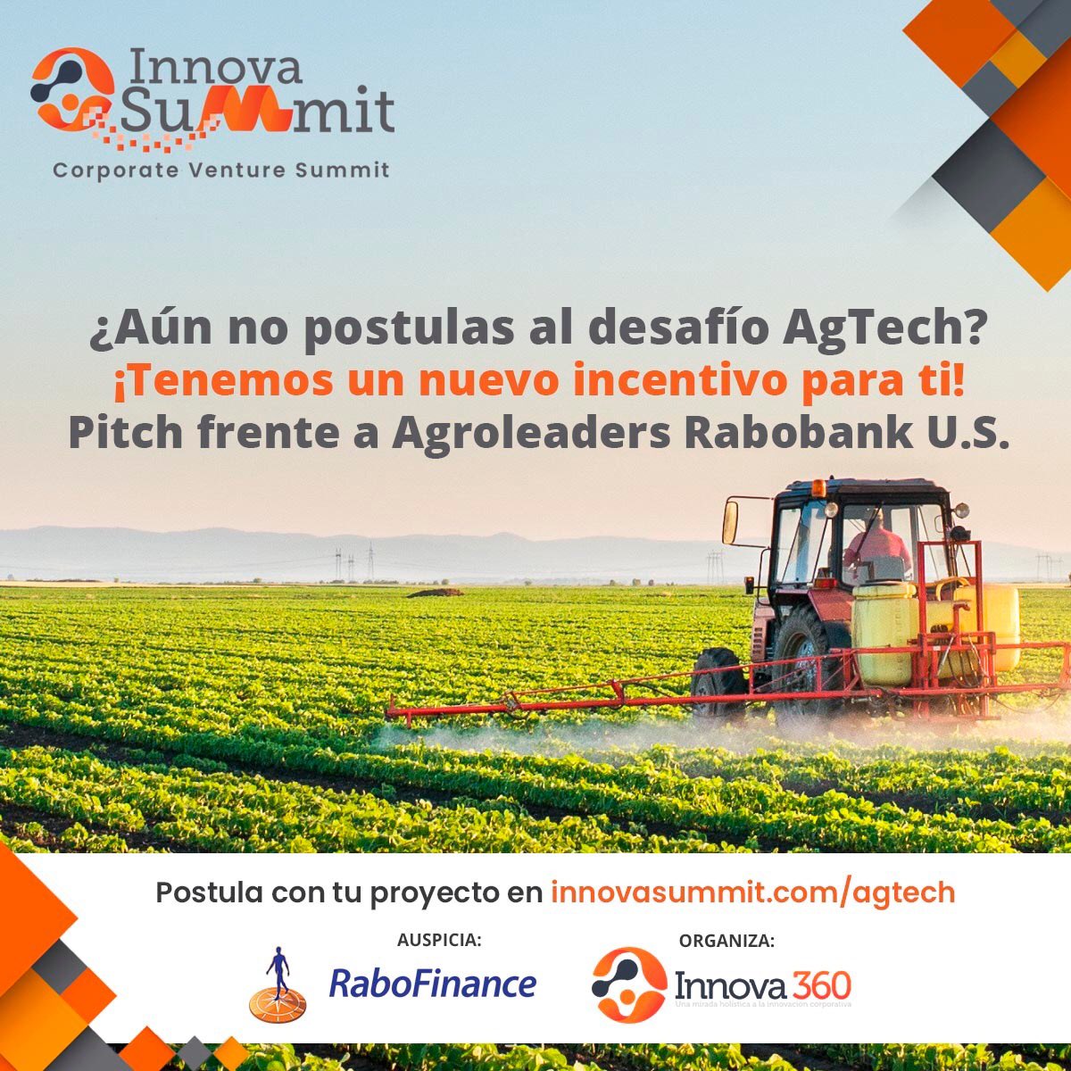 Innova360cl's tweet photo. Además de presentar en el salón #AgTech del #InnovaSummit2019 ante importantes fondos, #Rabofinance te da la oportunidad de hacer un #pitch de 3 mins. fte. a una delegación de clientes de #USA
Postula en https://t.co/GAc0bvmjGT con @Innova360cl
#agtech #agro #innovacion #startup https://t.co/yovOFNRc0X