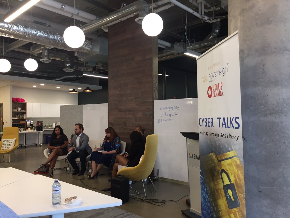 Startup_Peel's tweet photo. Kicking off #EmergingBiz #CyberTalks here at @CityBrampton #EntrepreneurCentre with @Cybersecure_CA @SovInsurance @SiliconHalton @akssecure  thank you @Startup_Canada and @SovInsurance for your sponsorship! https://t.co/9IMPau5NWZ