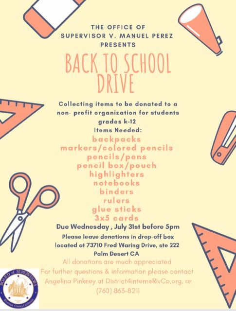 ✏️📝✂️The Back-to-School drive is next week! ✏️📝✂️ Every item helps and we all know you're never going to use that brand new backpack in your closet!🎒

#rivo #local #coachellavalley #supportlocal #education #supporteducation #schooldrive #backtoschool #bts