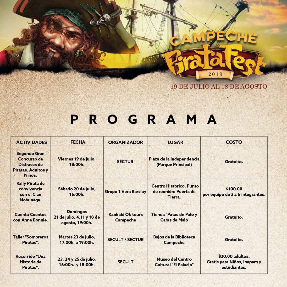 SECTUR_mx's tweet photo. 🏴☠️ ¡Ya inició el abordaje para el #PirataFest en #Campeche! Aquí está el programa de actividades para que no te pierdas ninguno de sus divertidos eventos familiares.
¡Ven a revivir el ambiente cuando estas tierras eran asediadas por corsarios y filibusteros. ⚔️💣 https://t.co/AQTa85zHkb