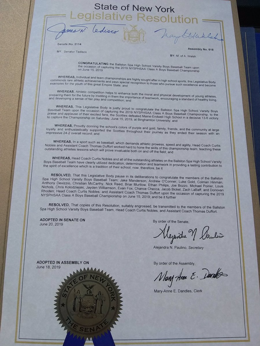 Senator Jim Tedisco (@jamestedisco) on Twitter photo Very proud to honor <a href="/NYSPHSAA/">NYSPHSAA</a> Class A State Champion <a href="/VBspa_Baseball/">Scotties Baseball</a> on their incredible season & 1st state title in 46 years! They showed that if the individual does their job & doesn’t care who gets the credit the team can achieve unbelievable success! <a href="/BSCSD/">Ballston Spa CSD</a> <a href="/B_Spa_Athletics/">B'Spa Athletics</a> Very proud to honor <a href="/NYSPHSAA/">NYSPHSAA</a> Class A State Champion <a href="/VBspa_Baseball/">Scotties Baseball</a> on their incredible season & 1st state title in 46 years! They showed that if the individual does their job & doesn’t care who gets the credit the team can achieve unbelievable success! <a href="/BSCSD/">Ballston Spa CSD</a> <a href="/B_Spa_Athletics/">B'Spa Athletics</a>