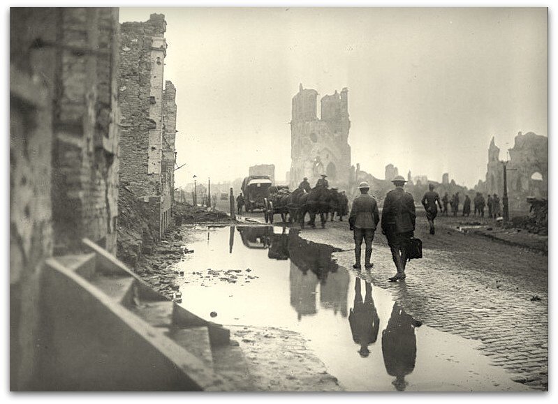 Tomm1418's tweet image. The walk back to the Ypres market square after attending The Last Post ceremony is something that millions must have done.   How different it looked in 1918.