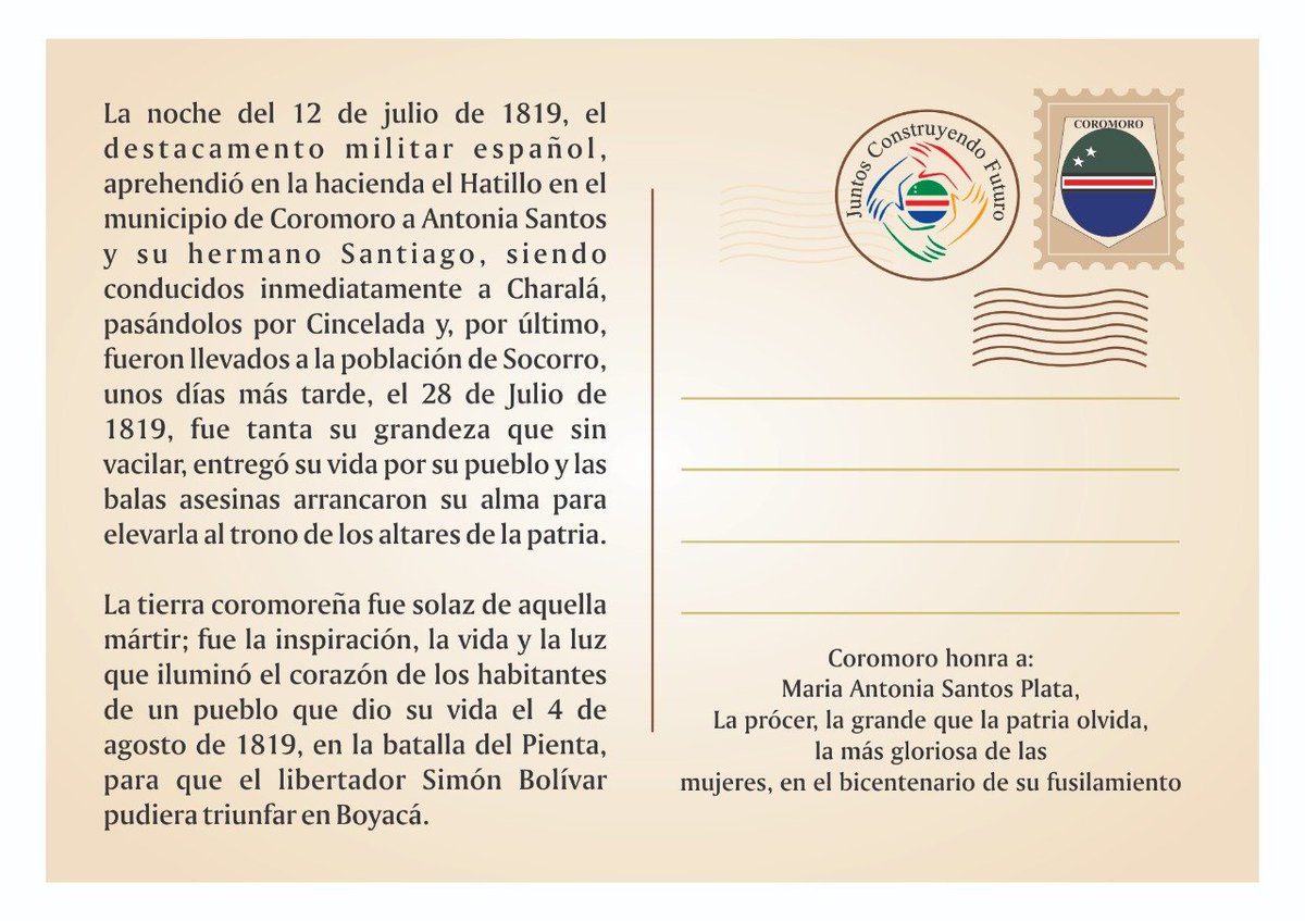 MpioCoromoro's tweet photo. El municipio de Coromoro invita a la comunidad en general  al acto de conmemoración del bicentenario del ascenso a la inmortalidad de  Antonia Santos Plata. Acto que se realizará el viernes 2 de agosto de 2019 apartir de las 8 de la mañana, en el centro de integración ciudadana. https://t.co/hd4tIyKPio