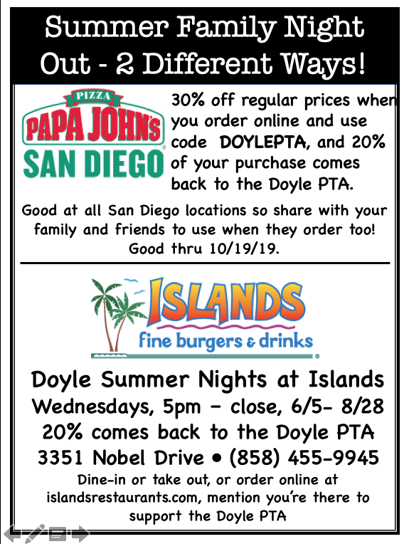 DoylePTA's tweet photo. Since it's officially #toohottocook, and its Wednesday, don't forget about our summer family night's out!  Pickup a pizza and eat al fresco with 30% off @PapaJohns with code DOYLEPTA, or head to @islandsburgers and enjoy dinner with the ac on!  #doylepta gets 20% with either one! https://t.co/HQNGTLK5oN