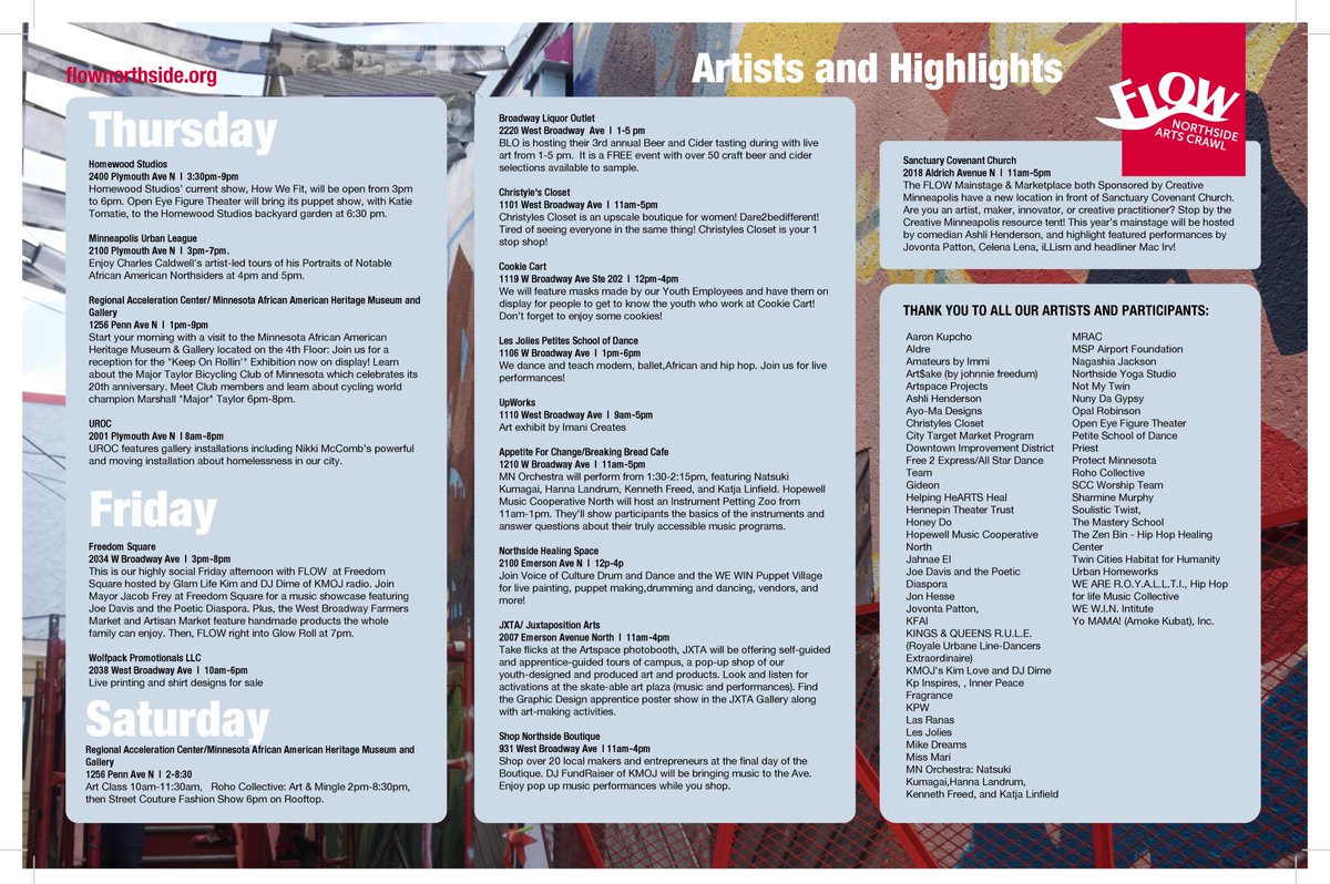 FLOWNorthside's tweet photo. (Please RT) It's going to be a great weekend full of Art & collective joy in @mpls_north! Join us This Thursday, Friday & Saturday for #FLOWNorthside
Download the Map & guidebook for a schedule of events and highlights during FLOW: https://t.co/MxHmGB2bkm
#NorthMPLS #NMPLS https://t.co/JI2qf44HCS