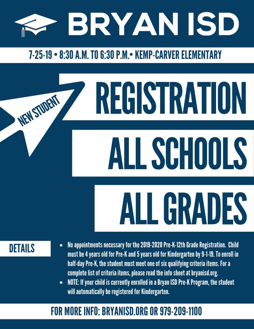 BryanISD's tweet photo. Bryan ISD new student registration is Thursday, July 25 from 8:30 a.m. - 6:30 p.m. at Kemp-Carver Elementary School.  This is for all students new to Bryan ISD. https://t.co/0r5e5FXjIh #NewStudentRegistration #BryanISD https://t.co/5wNHikLr62
