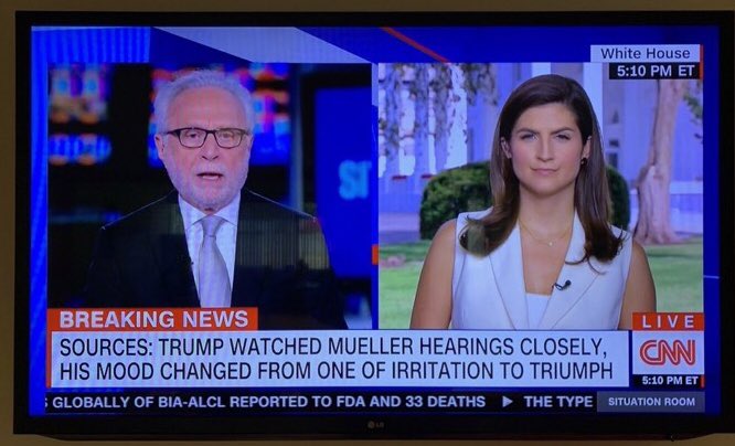 31/ Is there literally NO ONE at CNN ashamed of Collins' brazen fake-sourced news? The Chyron writers? Producers? Hosts? Anyone with half a brain knows that Trump feels triumphed by the Mueller hearing but Collins has "sources" for it. cc  @CNNPR