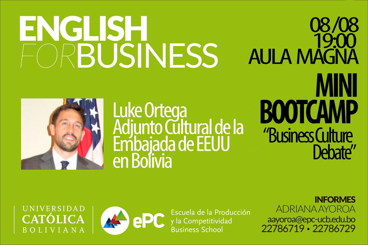 ePC_UCB's tweet photo. #EfB realizará el 2° Mini Bootcamp, "Business Culture Debate"; en inglés, sin costo y abierto a todo público.
Con el Adjunto Cultural de la Embajada de EEUU en Bolivia, Luke Ortega.
Regístrate en el siguiente link:
https://t.co/odk7zhsdfc
#ePCBootcamps #ePCLíder #ePCBilingüe https://t.co/QqAw6ne8NJ