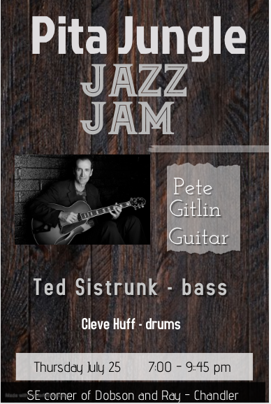 JanetGedding's tweet photo. RT @petegitlin: Thursday night I'll be on guitar heading up the @pitajungle Chandler Jazz Jam session. Come on down and enjoy the great Jungle food along with some cool jazz on a hot night...or sit in with the band and show us your jazz chops! A splendid… https://t.co/9NjqXD4cbr