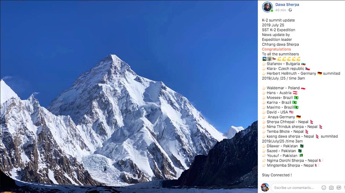 CarlosGarranzo's tweet photo. 🏔 #K22019 💥MÁS CUMBRES EL 25/07 💥
De la lista de summiters identificamos al 🇵🇱 polaco Waldemar Kowalewski; los 🇧🇷 Moeses Fiamoncini y Karina Oliani; el 🇩🇪 alemán Herbert Hellmuth (He He) y a la 🇨🇿 checa Klara Kolouchova.
Ver lista  completa en comunicado de SST @sst8848 https://t.co/fdbiHaRNjd