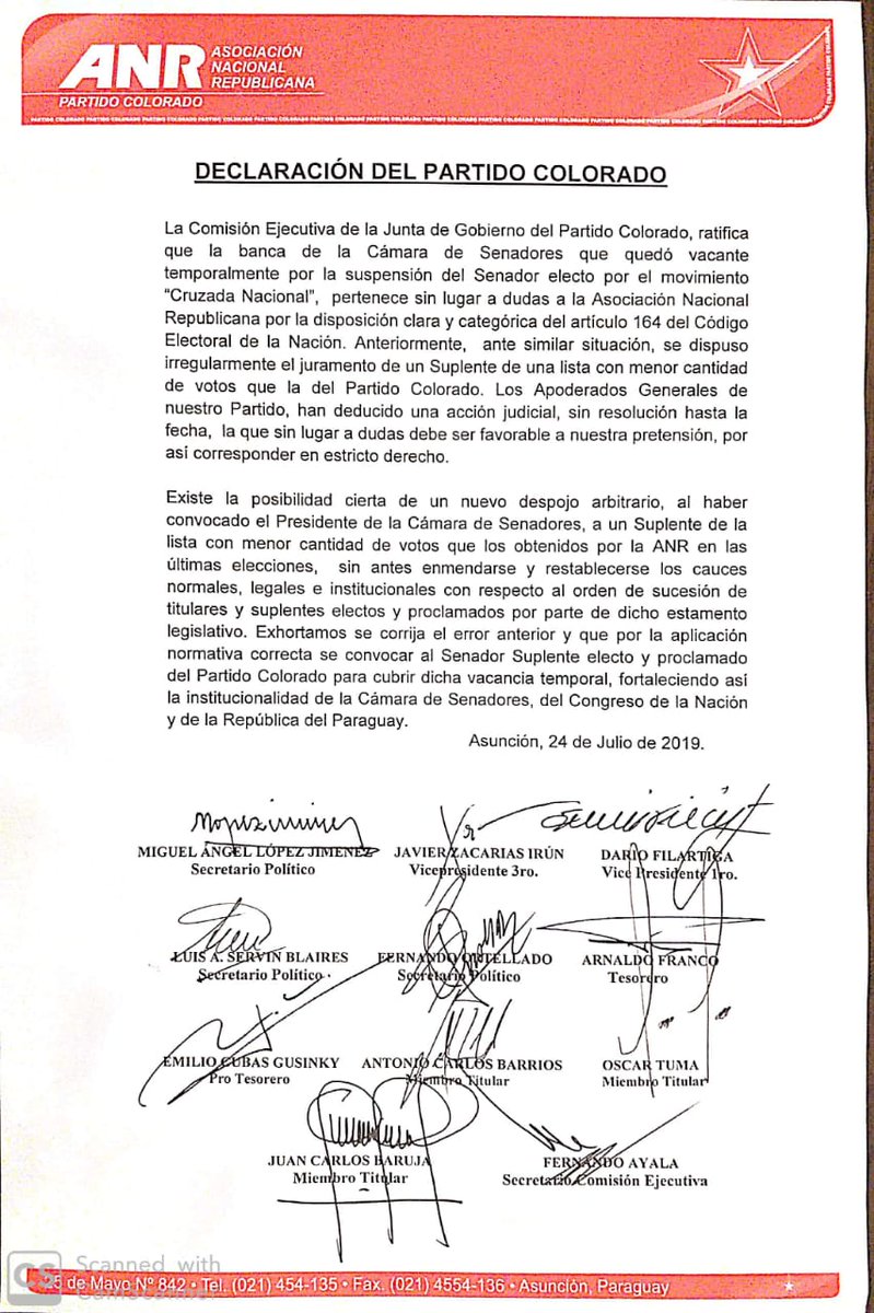 ANRParaguay's tweet photo. Comisión Ejecutiva de la ANR se reunió esta tarde para analizar y sentar postura sobre la convocatoria irregular por parte del Presidente de la Cámara de Senadores a una persona que no corresponde para que jure como Senador de la Nación.
@AllianaPedro https://t.co/HXWmcTKFTT
