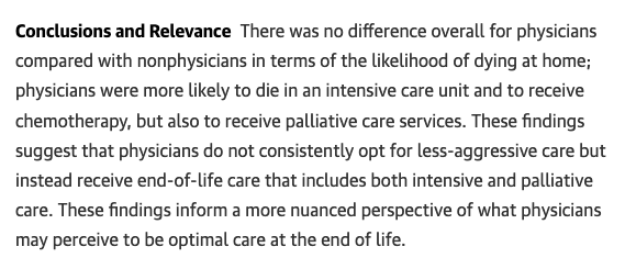 End-of-Life Care Received by Physicians Compared With Nonphysicians in Ontario, #Canada
ja.ma/2JY8GnA

Cohort study of 2,507 physicians and 7,513 nonphysicians who died in Ontario, Canada, published in @JAMANetworkOpen 

#EndOfLife #EndOfLifeCare #AggressiveTreatment