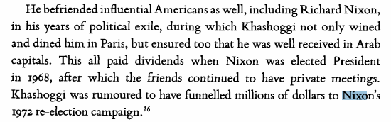 Khashoggi was a friend of Richard Nixon, he introduced him to influential individuals across the Middle East. Once Nixon was elected in 68, they continued private meetings and he funneled millions into Nixon’s re-election campaign in 71.  #OpDeathEaters  https://www.nytimes.com/1977/07/03/archives/khashoggi-the-bridge-to-arab-deals-khashoggithe-bridge-to-arab-arms.html