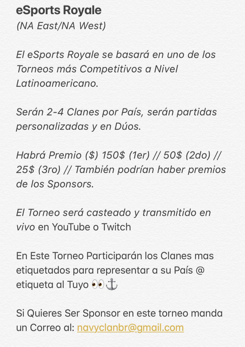 TuAlterEg0's tweet photo. #eSportsRoyale 

+200$ en Premios + Premios de Sponsors // ¡Inscríbete ya Siguiendo los Requisitos!

Sigue a @BR_NavyClan @NavyEricyolk 

2.50$ cada uno del Duo.

🔝 El Clan mas Tagueado no Paga Plaza de Entrada 😉 https://t.co/SDc7plar6f