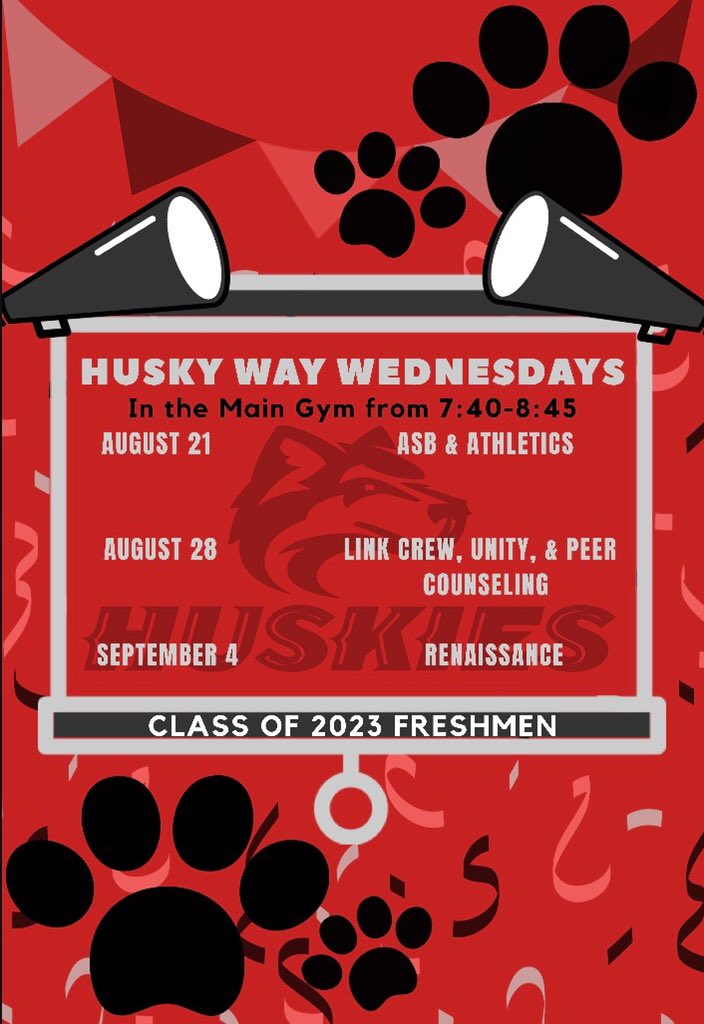 Cen10Huskies's tweet photo. Mark your calendars Centennial freshmen!!! You will be joining us in the Main Gym from 7:40am-8:45 on August 21st, 28th and September 4th for Husky Way Wednesdays! 🐾🐾🐾 https://t.co/6YdEVRJuOW