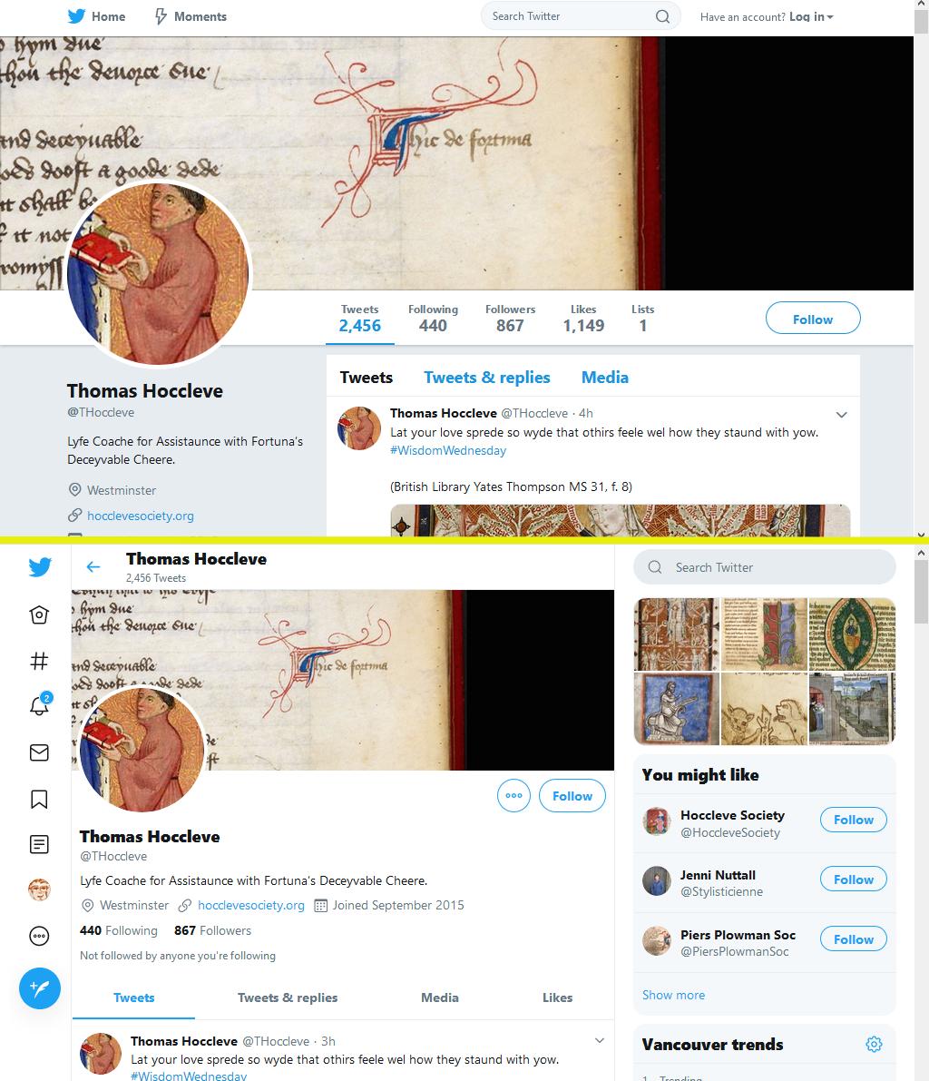 sqwabb's tweet image. If I go to #Twiitter w/o logging in, I get old interface where navigation doesn't compete with Timeline.

Logging in switches to new #TwitterLayout where everything competes with Timeline!

My Toughbook has a narrow screen ratio, which may make the new layout even worse-looking!