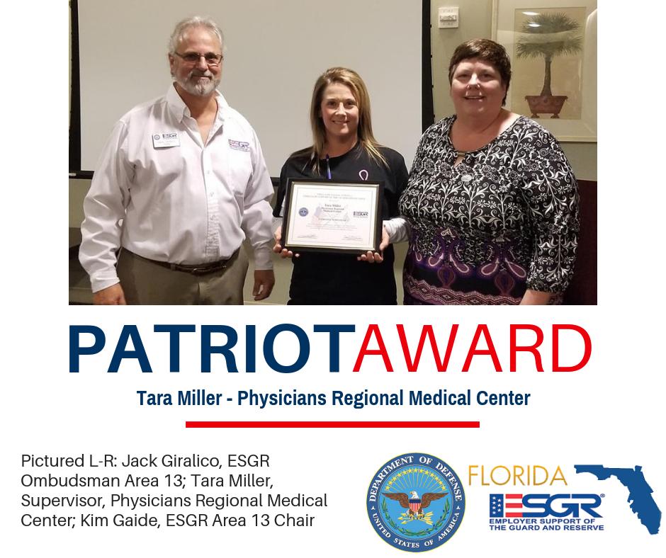 FL_ESGR's tweet image. #PatrioticEmployer Tara Miller of Physicians Regional Medical Center received the @DeptofDefense Patriot Award for her exceptional support of the members of the #GuardReserves employed by the organization. Award requested by Sgt Kyle Grealis, USAR #ESGR @ESGR