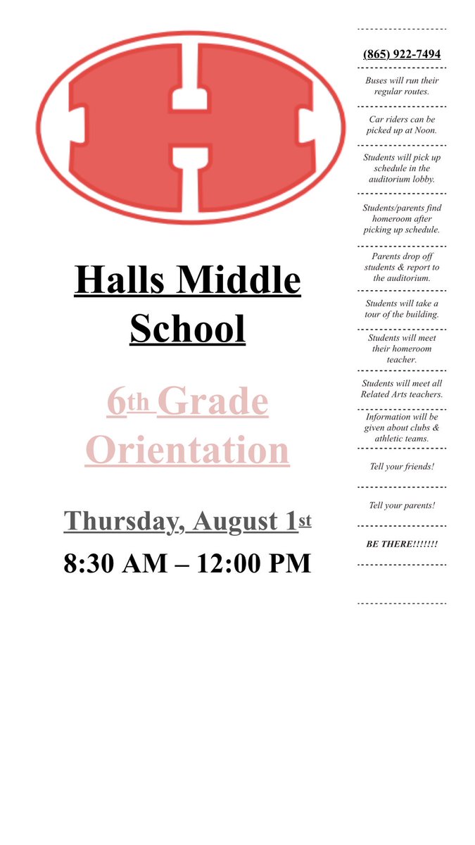 HallsMiddle's tweet photo. 6th grade parents here is a detailed schedule for August 1st! We can not wait to meet our new HMS Demons! #HMShasit https://t.co/Lcsahq7ONl